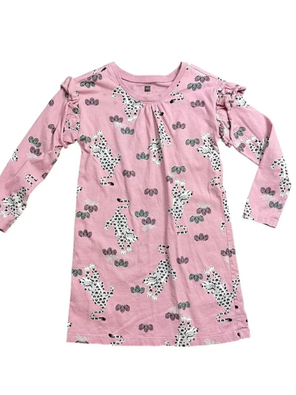 Tea Collection Pink Leopard-Print Long-Sleeve Dress with Ruffle Shoulders Size 8
